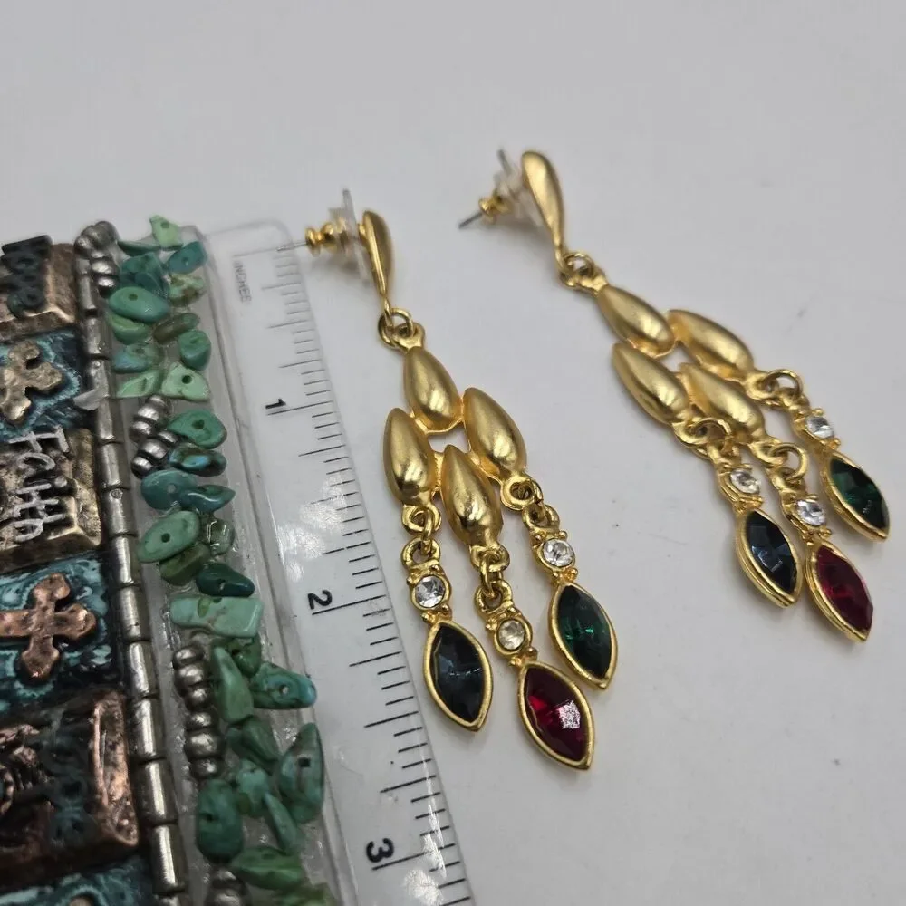 Vintage Moghul Style Jeweled Tone Cabochons Matte Gold Tone Earrings Dangle